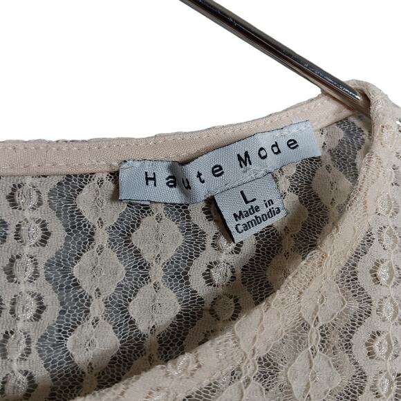 Lace Cottagecore Blouse Haute Monde Size Large Beige See Thru Back - Picture 3 of 4